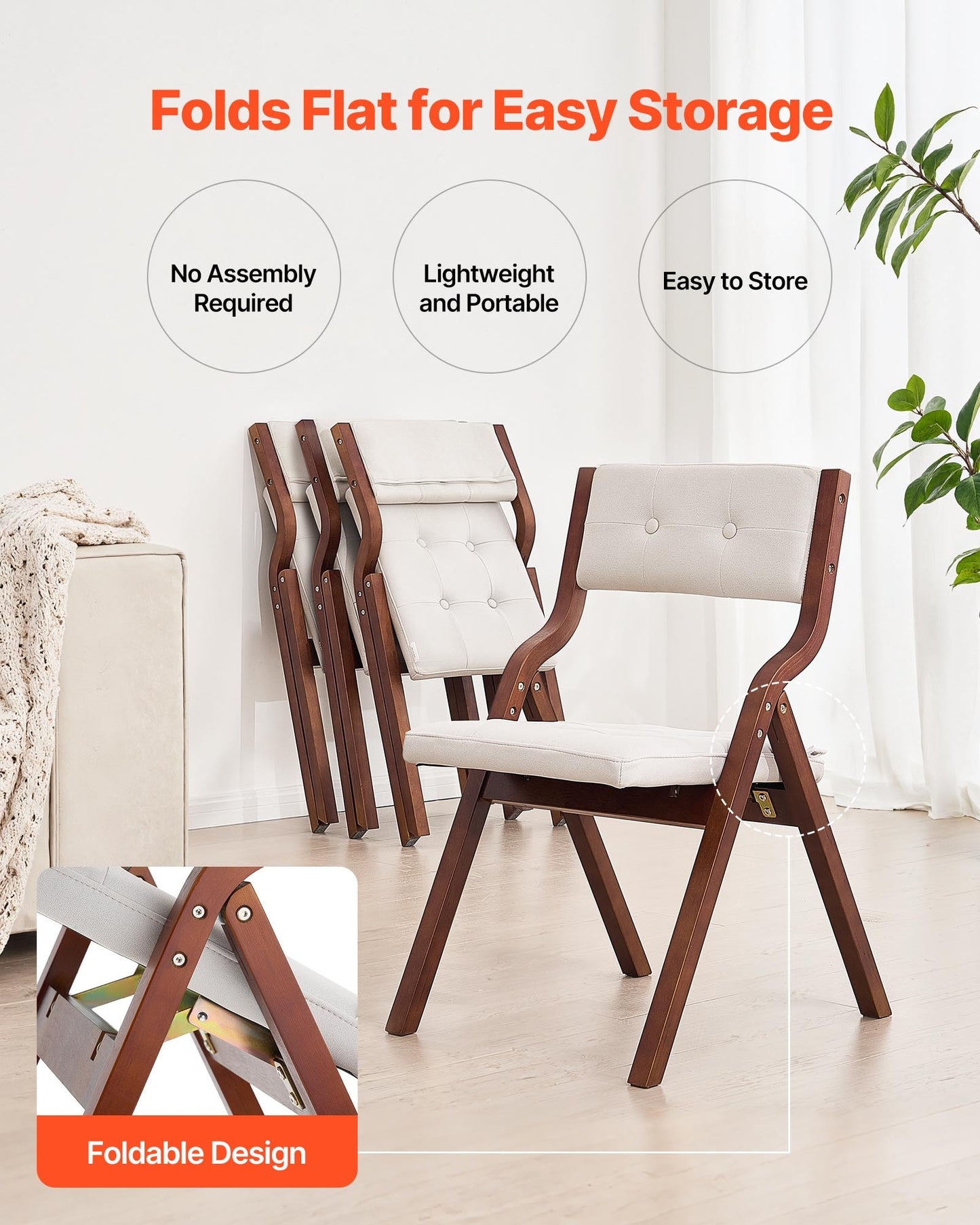 Wooden Folding Chairs with Cushion, Set of 2, Portable Foldable Cushion Chair with Wooden Frame, Modern Padded Dining Chair for Kitchen, Office, Wedding, Party, Dining Room, Easy Assembly, White