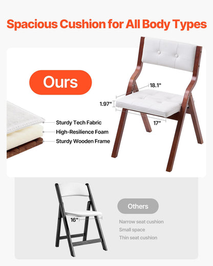Wooden Folding Chairs with Cushion, Set of 2, Portable Foldable Cushion Chair with Wooden Frame, Modern Padded Dining Chair for Kitchen, Office, Wedding, Party, Dining Room, Easy Assembly, White
