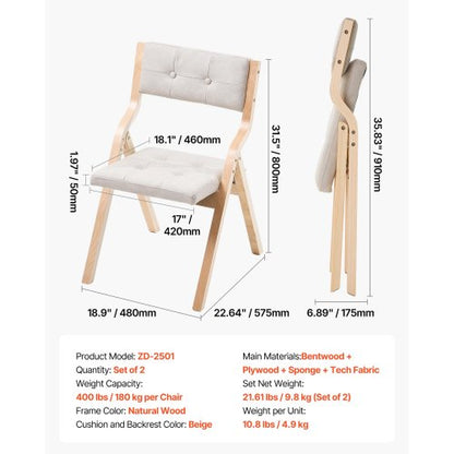 Klappstühle aus Holz mit gepolsterten Kissen und Holzrahmen, Beige, 2er-Set | EU