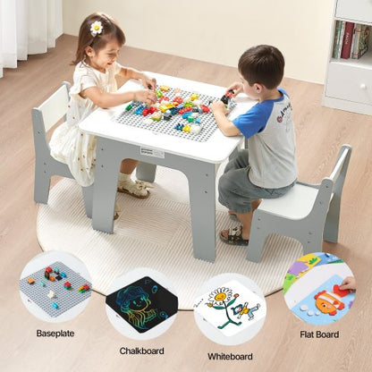 4 in 1 Kid Activity Table and 2 Chairs Set, Graffiti & Building Blocks Double-Sided Tabletop, Toddler Play Table with Storage for Kids 3+ Years, Large Storage Space, Gift for Boys & Girls, White