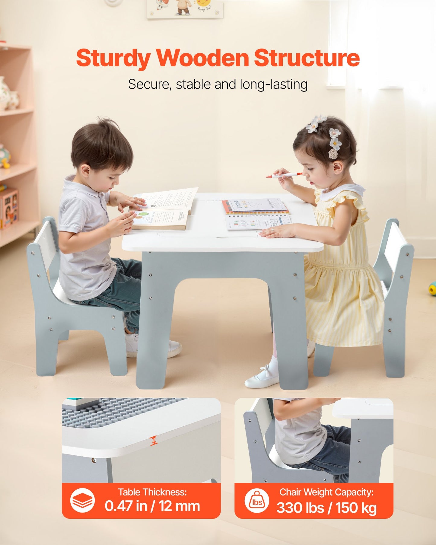 4 in 1 Kid Activity Table and 2 Chairs Set, Graffiti & Building Blocks Double-Sided Tabletop, Toddler Play Table with Storage for Kids 3+ Years, Large Storage Space, Gift for Boys & Girls, White