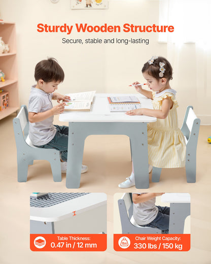 4 in 1 Kid Activity Table and 2 Chairs Set, Graffiti & Building Blocks Double-Sided Tabletop, Toddler Play Table with Storage for Kids 3+ Years, Large Storage Space, Gift for Boys & Girls, White