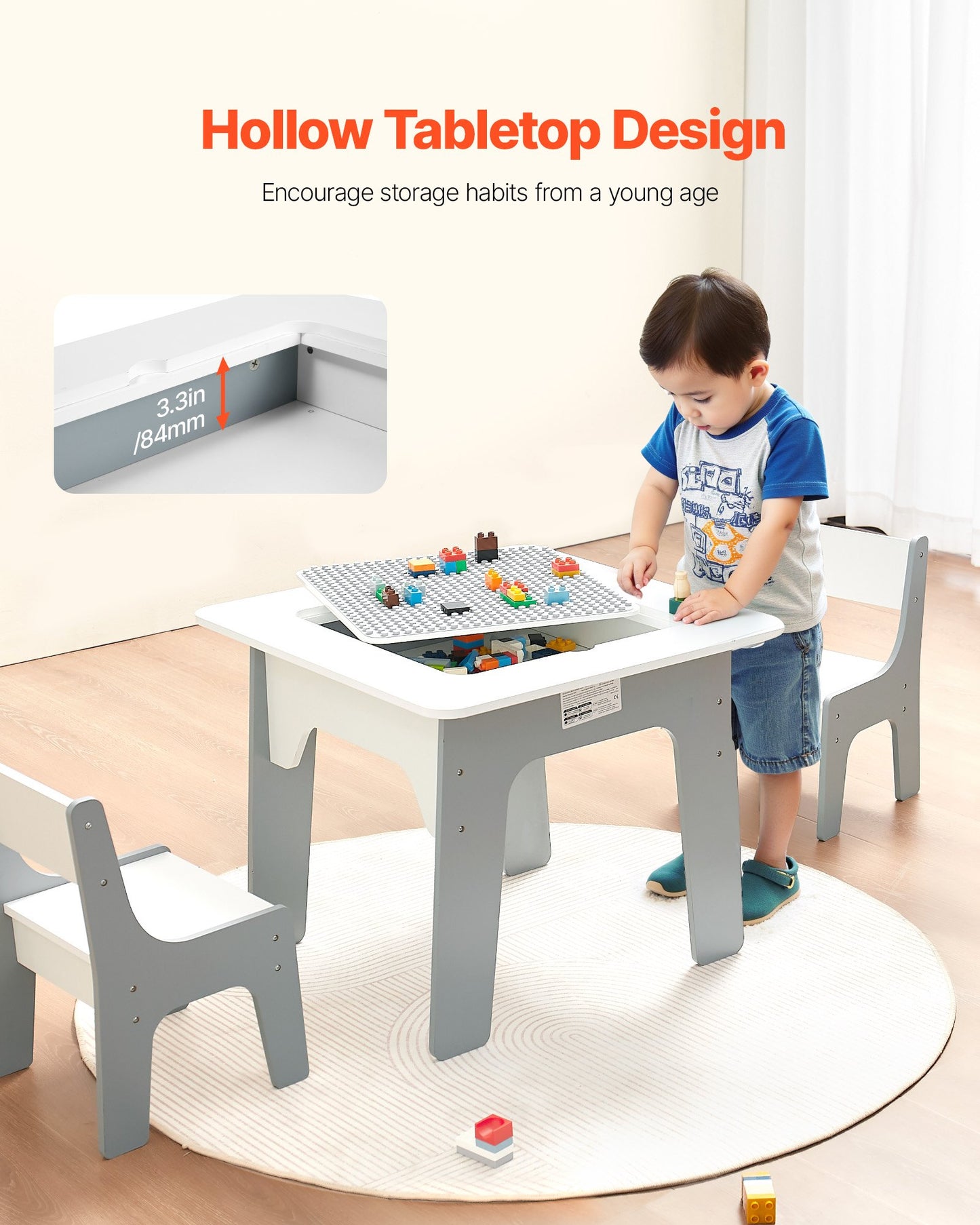 4 in 1 Kid Activity Table and 2 Chairs Set, Graffiti & Building Blocks Double-Sided Tabletop, Toddler Play Table with Storage for Kids 3+ Years, Large Storage Space, Gift for Boys & Girls, White