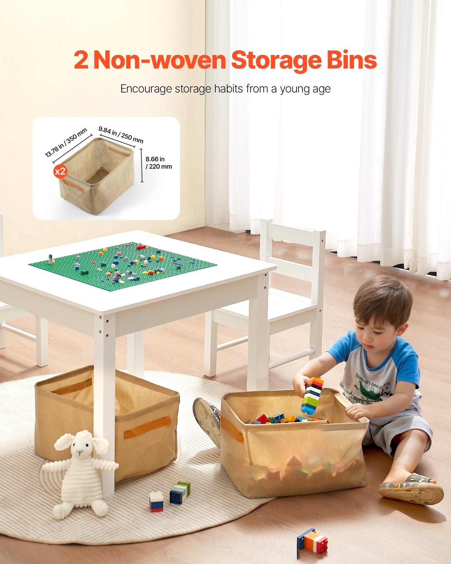 Kids Activity Table and 2 Chairs Set, Building Blocks Double-Sided Tabletop, Toddler Table and Chair Set with Storage for Kids 3+ Years, Large Storage Space, Present for Boys & Girls, White