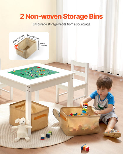 Kids Activity Table and 2 Chairs Set, Building Blocks Double-Sided Tabletop, Toddler Table and Chair Set with Storage for Kids 3+ Years, Large Storage Space, Present for Boys & Girls, White