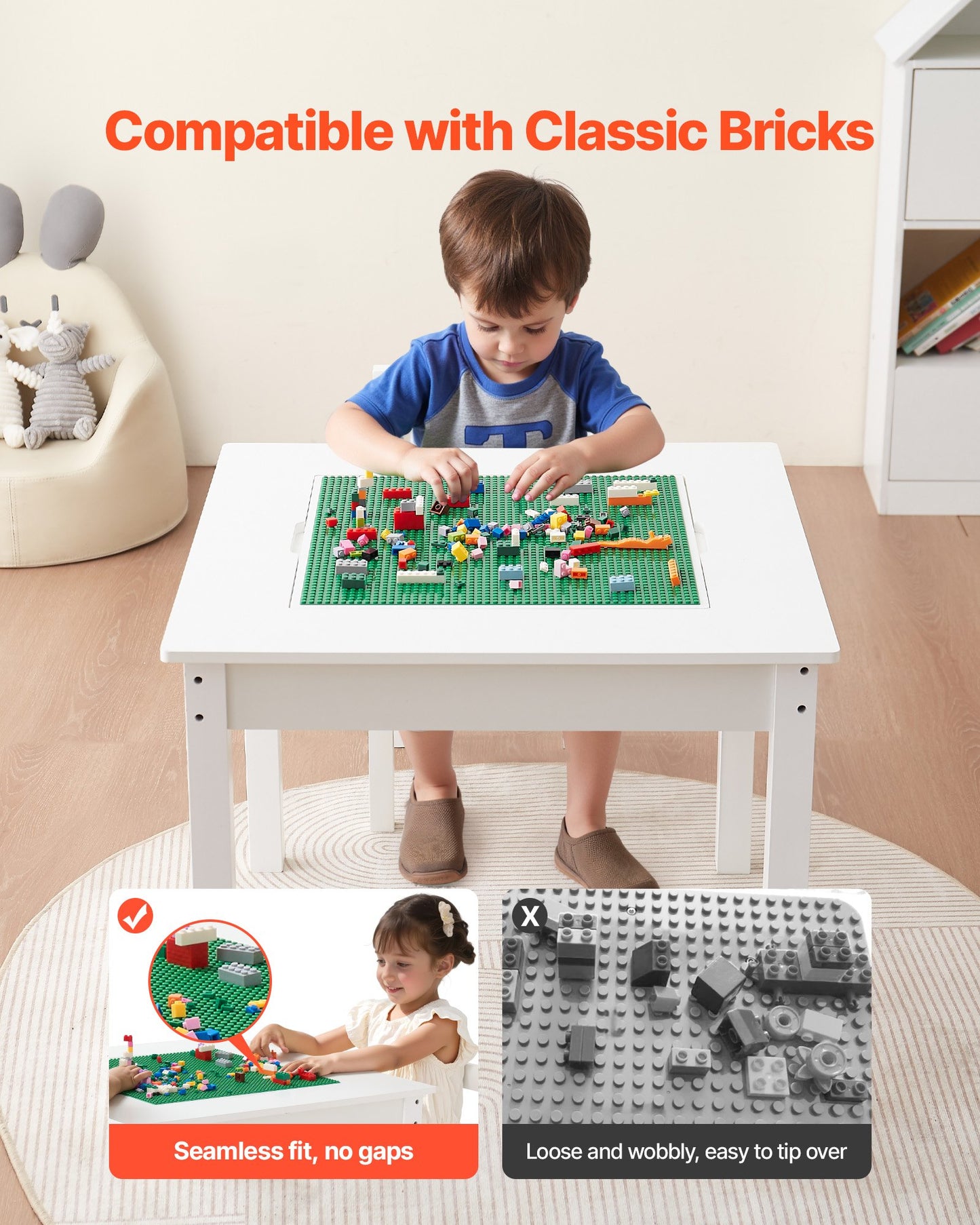 Kids Activity Table and 2 Chairs Set, Building Blocks Double-Sided Tabletop, Toddler Table and Chair Set with Storage for Kids 3+ Years, Large Storage Space, Present for Boys & Girls, White