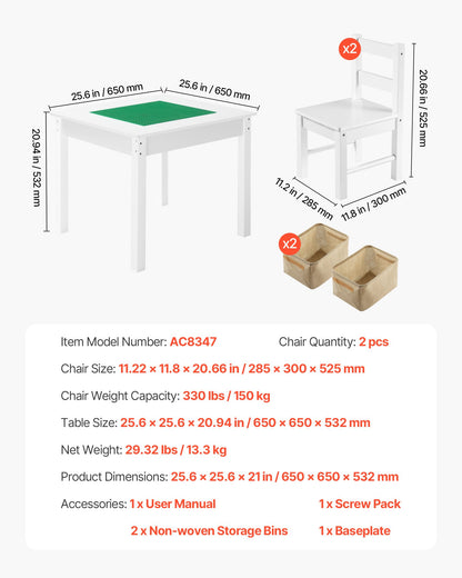 Kids Activity Table and 2 Chairs Set, Building Blocks Double-Sided Tabletop, Toddler Table and Chair Set with Storage for Kids 3+ Years, Large Storage Space, Present for Boys & Girls, White