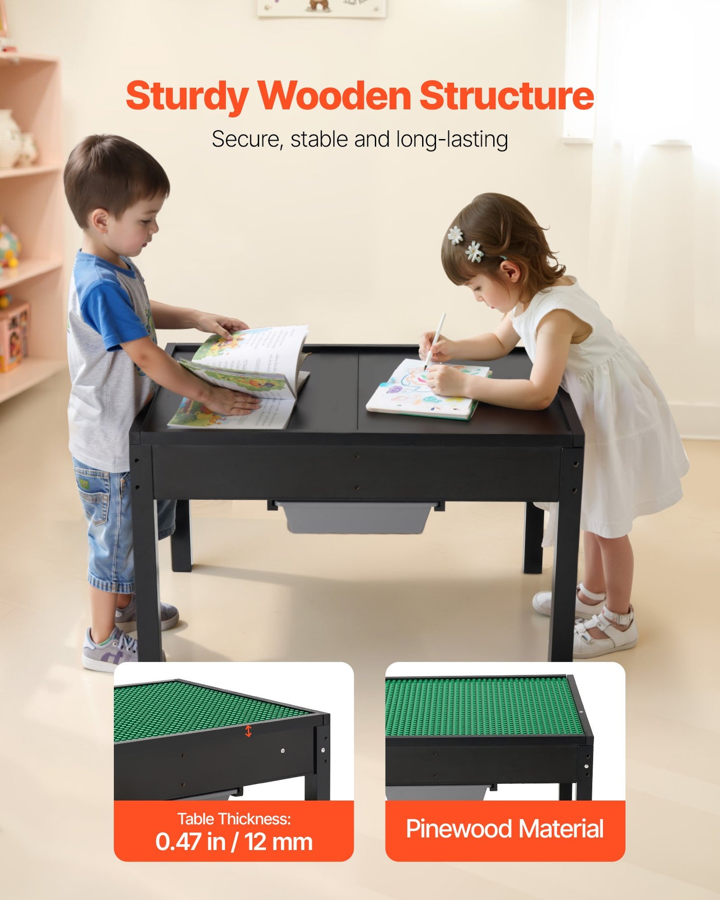Kids Wooden Activity Table, Building Blocks Double-Sided Tabletop, Multi-Purpose Activity Play Table with 2 Storage Bins for Kids 3+ Years, Large Storage Space, Present for Boys & Girls, Black