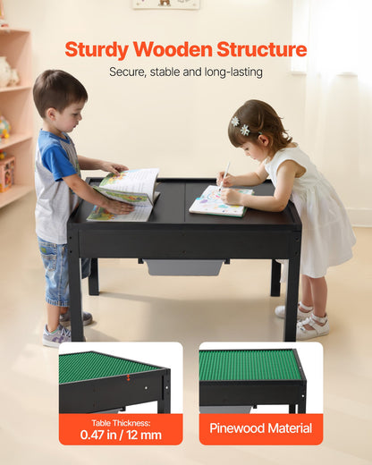Kids Wooden Activity Table, Building Blocks Double-Sided Tabletop, Multi-Purpose Activity Play Table with 2 Storage Bins for Kids 3+ Years, Large Storage Space, Present for Boys & Girls, Black