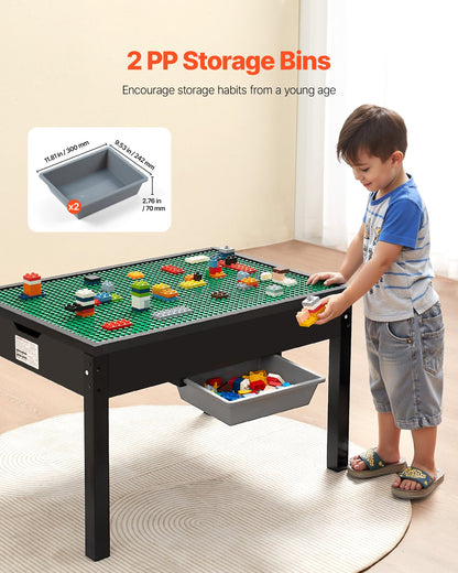 Kids Wooden Activity Table, Building Blocks Double-Sided Tabletop, Multi-Purpose Activity Play Table with 2 Storage Bins for Kids 3+ Years, Large Storage Space, Present for Boys & Girls, Black
