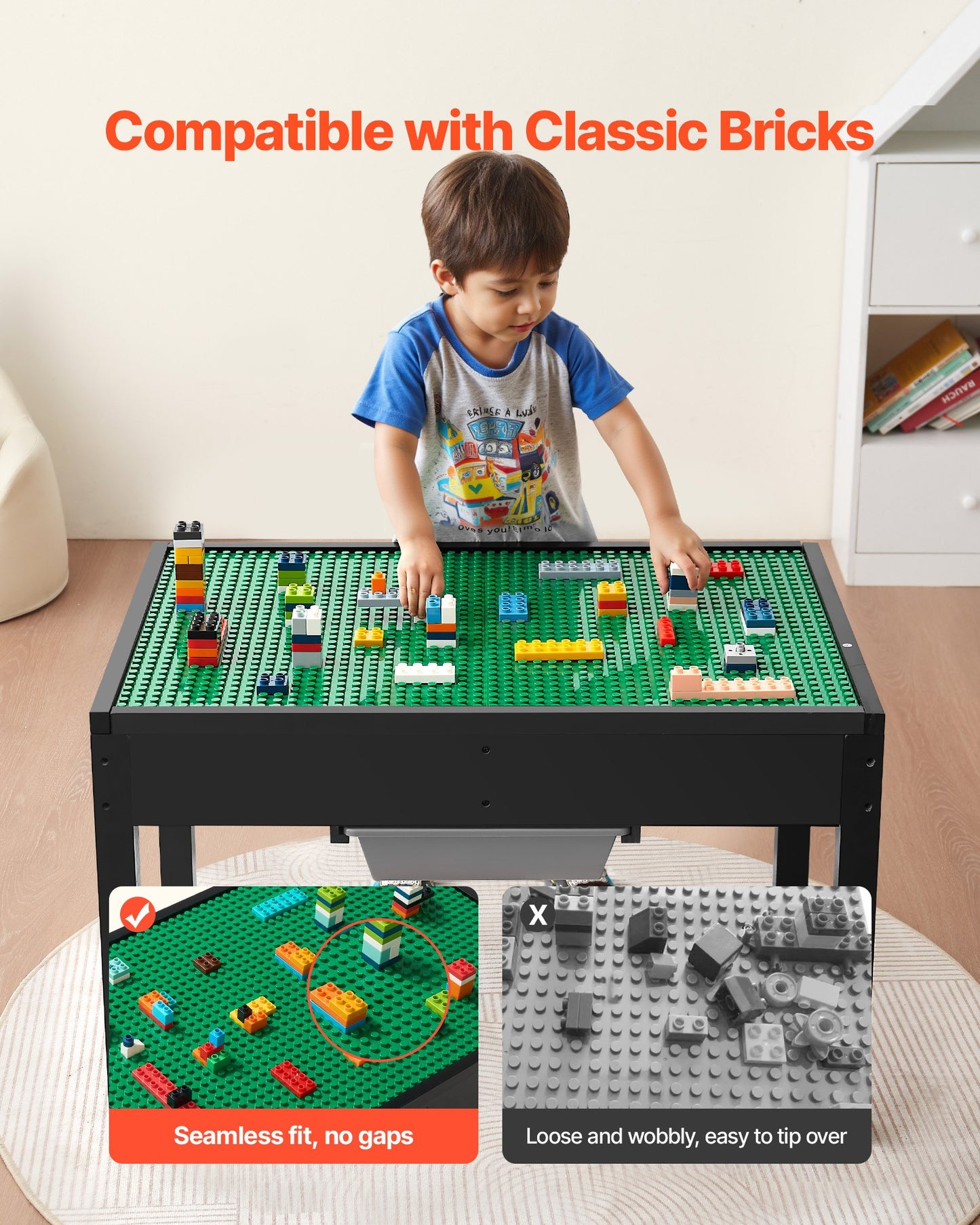 Kids Wooden Activity Table, Building Blocks Double-Sided Tabletop, Multi-Purpose Activity Play Table with 2 Storage Bins for Kids 3+ Years, Large Storage Space, Present for Boys & Girls, Black