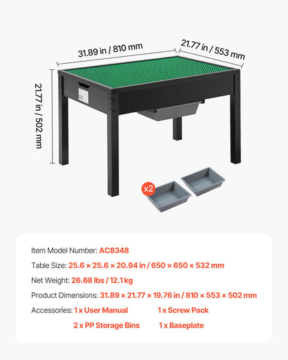 Kids Wooden Activity Table, Building Blocks Double-Sided Tabletop, Multi-Purpose Activity Play Table with 2 Storage Bins for Kids 3+ Years, Large Storage Space, Present for Boys & Girls, Black