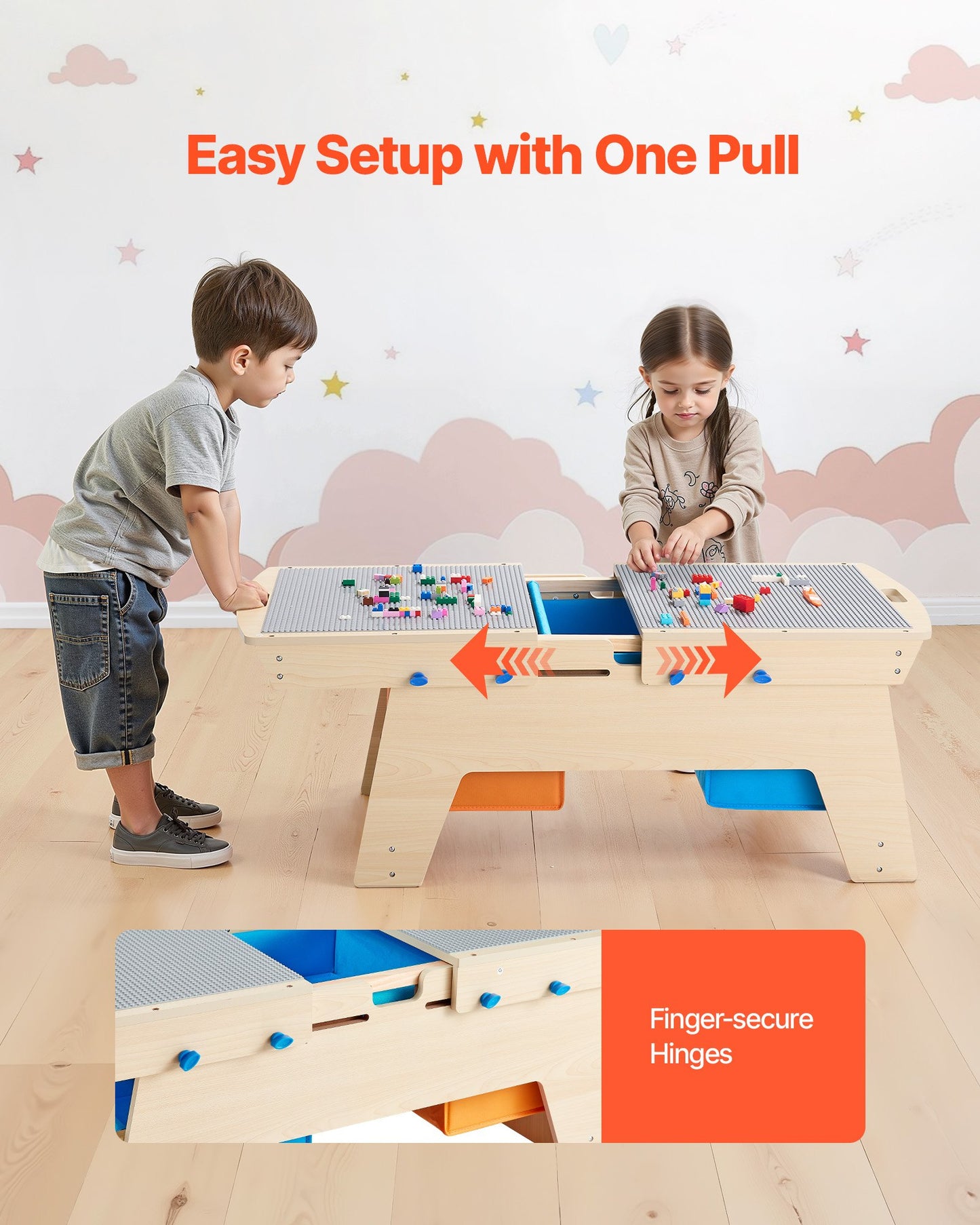 Kids Reversible Wooden Activity Table, Multi-Purpose Activity Play Table with 200 Building Bricks & 3 Storage Bins for Kids 3+ Years, Large Storage Space, Present for Boys & Girls, Natural