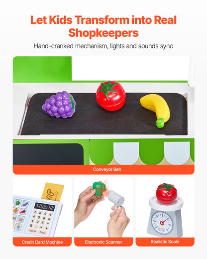 Kids Grocery Store Playset, Wooden Play Market Stand with Shopping Bag, Kids Supermarket Pretend Play Store with Conveyor Belt, Scanner, Cash Register, Realistic Scale, Gift for Boys & Girls