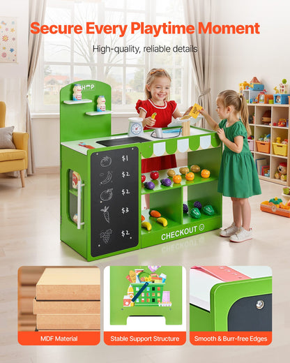 Kids Grocery Store Playset, Wooden Play Market Stand with Shopping Bag, Kids Supermarket Pretend Play Store with Conveyor Belt, Scanner, Cash Register, Realistic Scale, Gift for Boys & Girls