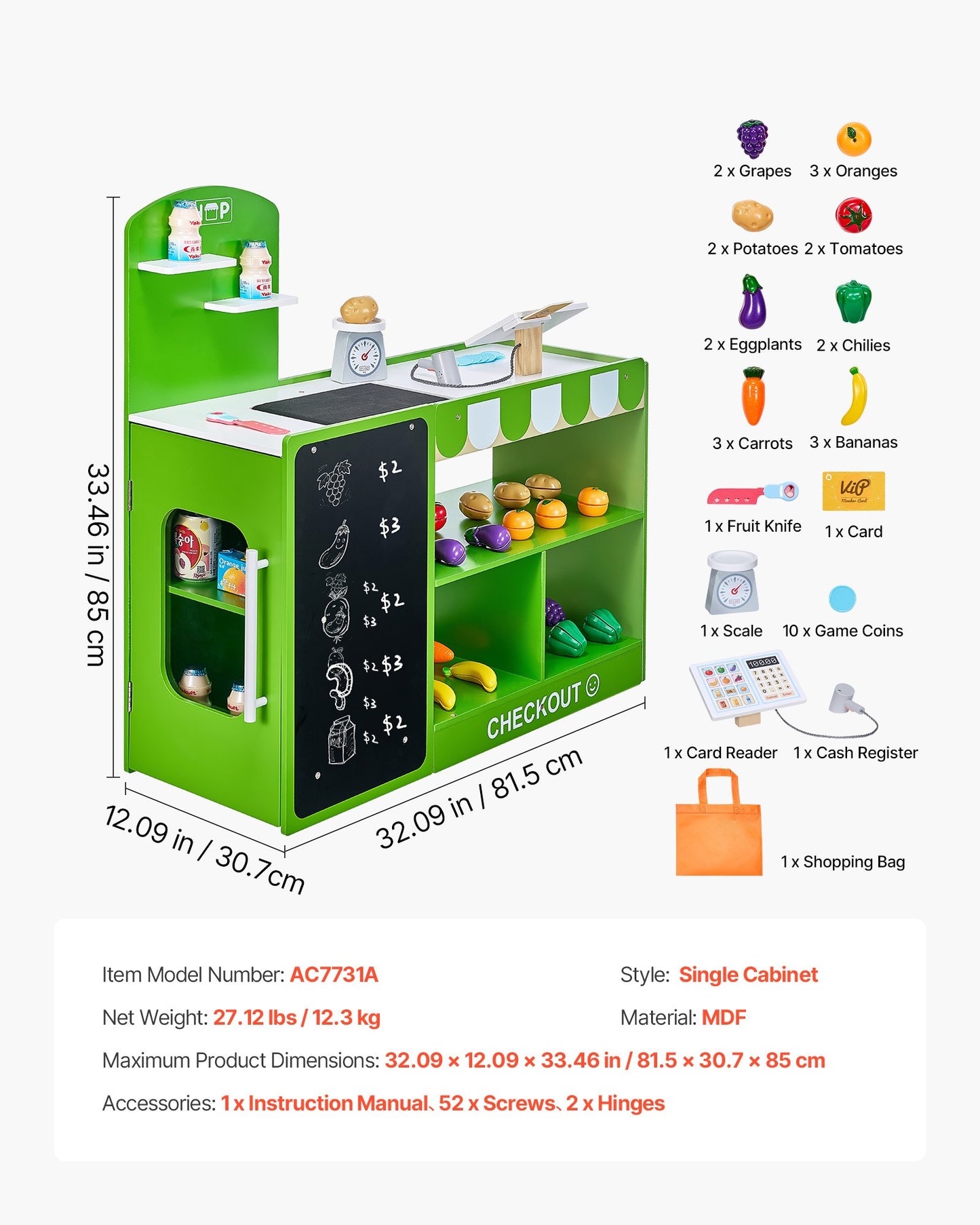 Kids Grocery Store Playset, Wooden Play Market Stand with Shopping Bag, Kids Supermarket Pretend Play Store with Conveyor Belt, Scanner, Cash Register, Realistic Scale, Gift for Boys & Girls
