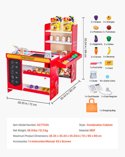 Kids Grocery Store Playset, Wooden Play Store with Shopping Bag, Kids Supermarket Pretend Play Toy Set with Conveyor Belt, Scanner, Cash Register, Realistic Scale, Gift for Boys & Girls