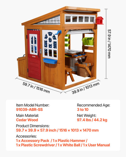Outdoor Playhouse, Cedar Wooden Kids Playhouse with Bird Nest, Doorbell, Trash Bin, Gravity Wall Set, Storage Pocket, Windowsill, Wooden Kids Cottage for Aged 3 to 10, Rounded Corners