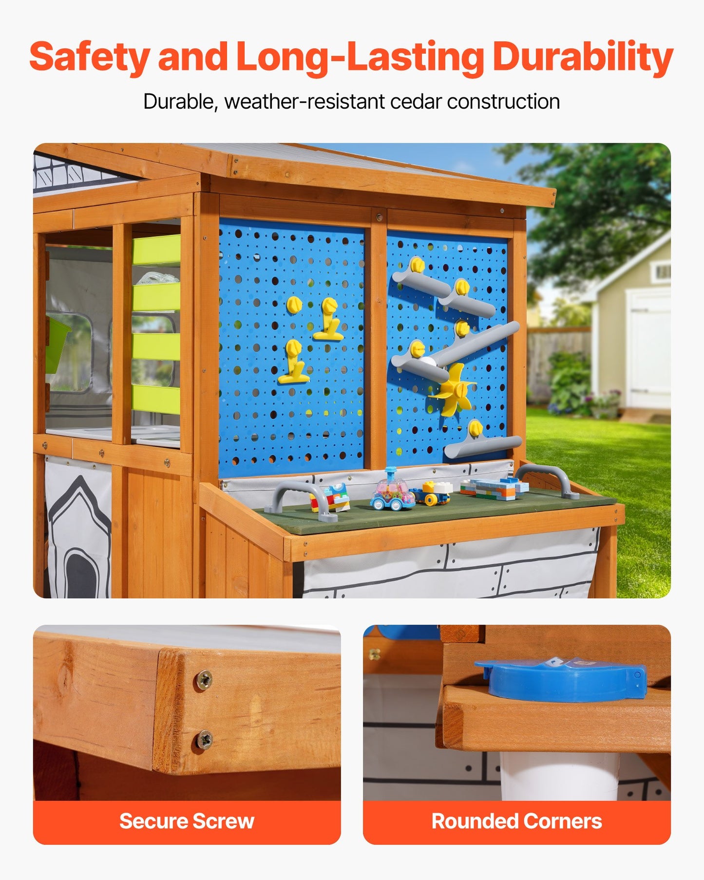 Outdoor Playhouse, Cedar Wooden Kids Playhouse with Bird Nest, Doorbell, Trash Bin, Gravity Wall Set, Storage Pocket, Windowsill, Wooden Kids Cottage for Aged 3 to 10, Rounded Corners