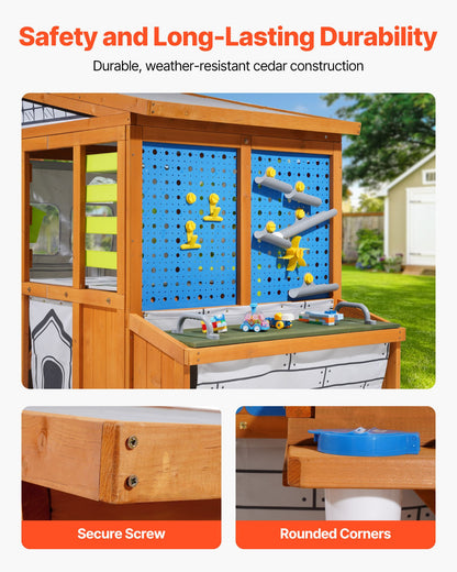 Outdoor Playhouse, Cedar Wooden Kids Playhouse with Bird Nest, Doorbell, Trash Bin, Gravity Wall Set, Storage Pocket, Windowsill, Wooden Kids Cottage for Aged 3 to 10, Rounded Corners