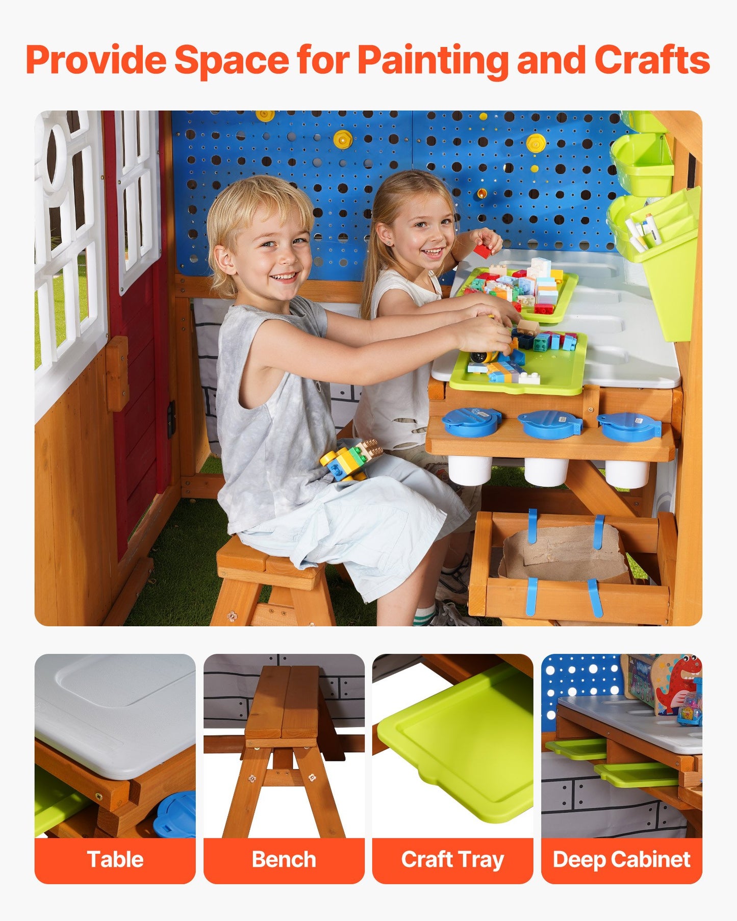 Outdoor Playhouse, Cedar Wooden Kids Playhouse with Bird Nest, Doorbell, Trash Bin, Gravity Wall Set, Storage Pocket, Windowsill, Wooden Kids Cottage for Aged 3 to 10, Rounded Corners