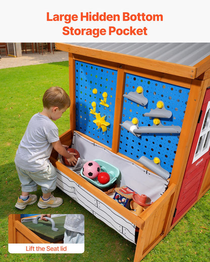 Outdoor Playhouse, Cedar Wooden Kids Playhouse with Bird Nest, Doorbell, Trash Bin, Gravity Wall Set, Storage Pocket, Windowsill, Wooden Kids Cottage for Aged 3 to 10, Rounded Corners