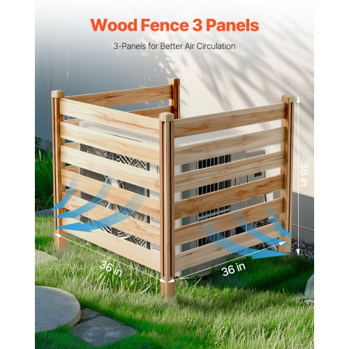 3 Panel Wooden Fence, Slatted Fence for Air Conditioning, 91 cm W x 91 cm L | EU