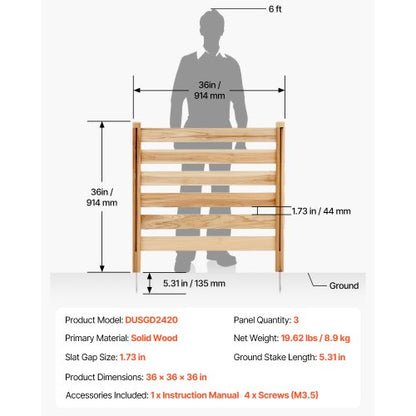 3 Panel Wooden Fence, Slatted Fence for Air Conditioning, 91 cm W x 91 cm L | EU