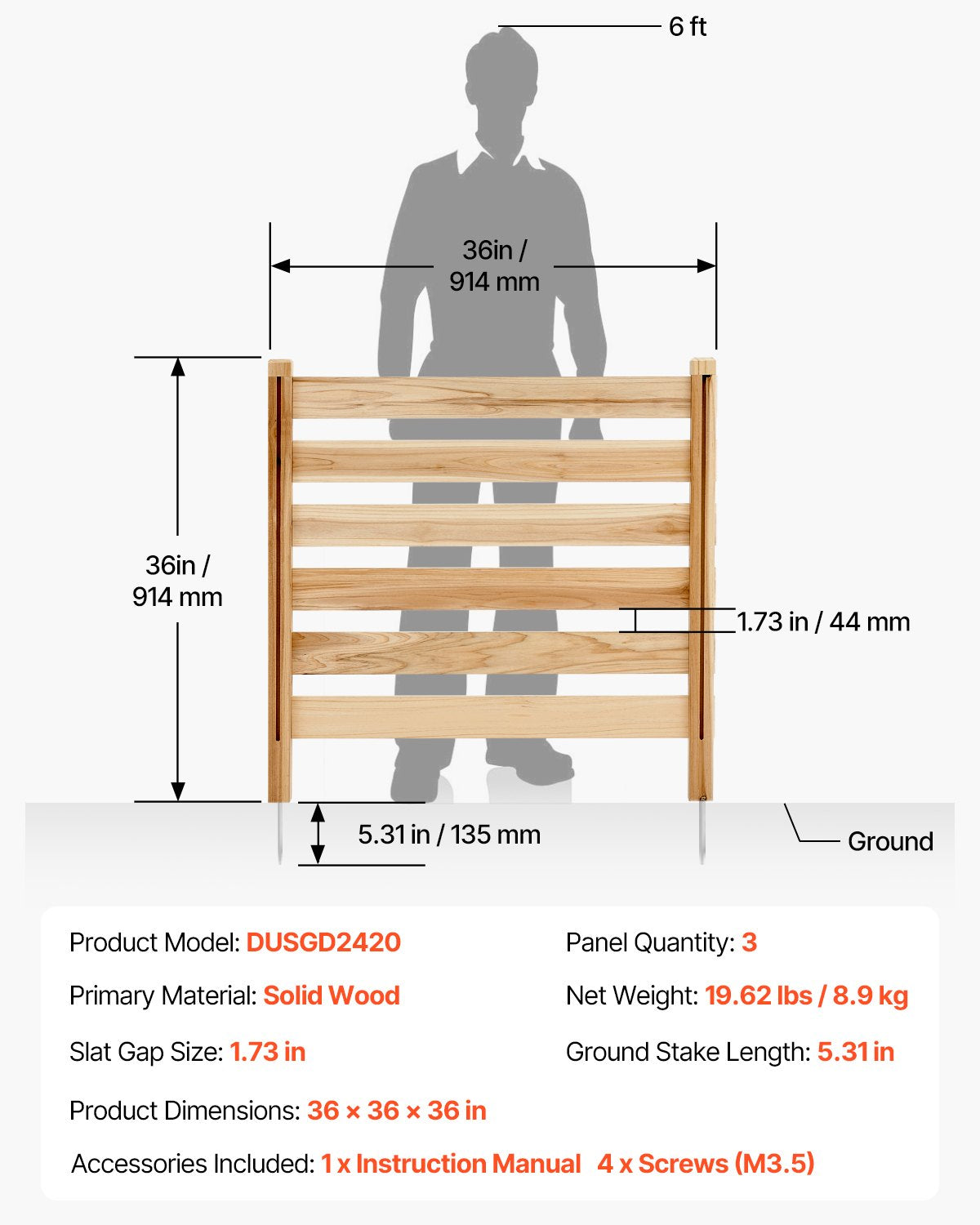 Wood Privacy Fence, 38" W x 36" L, 3 Panel Slatted Air Conditioner Fence Screen, Pool Equipment Enclosure with Metal Stakes, Easy DIY Installation, Outdoor Trash Can Hider for Garden Decoration