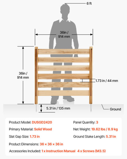 Wood Privacy Fence, 38" W x 36" L, 3 Panel Slatted Air Conditioner Fence Screen, Pool Equipment Enclosure with Metal Stakes, Easy DIY Installation, Outdoor Trash Can Hider for Garden Decoration