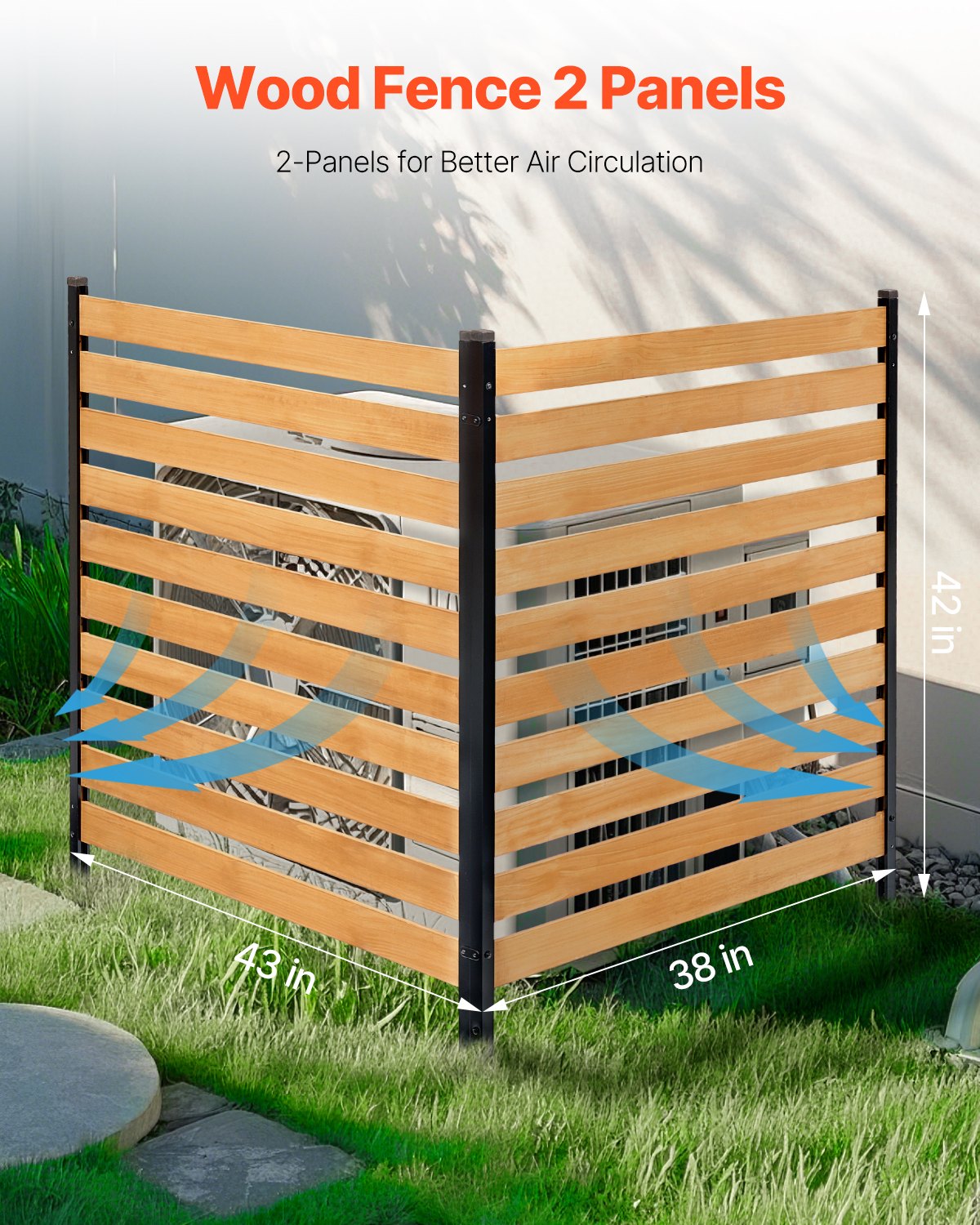 Wood Privacy Fence, 38" W x 42" L, 2-Panel Slatted Air Conditioner Fence Screen, Pool Equipment Enclosure with Metal Stakes, Easy DIY Installation, Outdoor Trash Can Hider for Garden Decoration