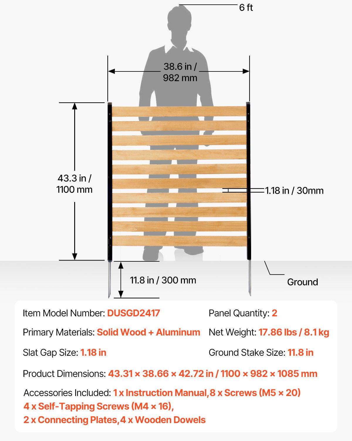 Wood Privacy Fence, 38" W x 42" L, 2-Panel Slatted Air Conditioner Fence Screen, Pool Equipment Enclosure with Metal Stakes, Easy DIY Installation, Outdoor Trash Can Hider for Garden Decoration