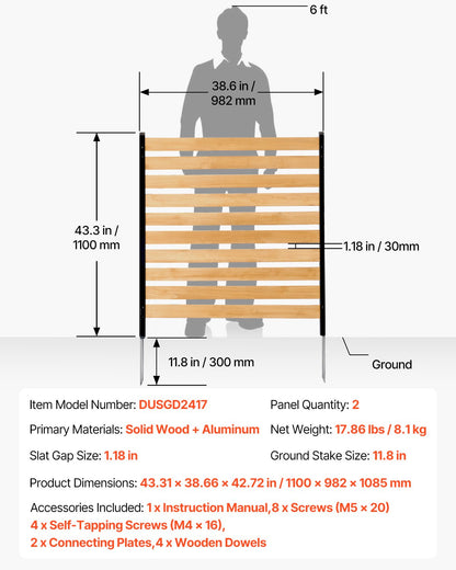 Wood Privacy Fence, 38" W x 42" L, 2-Panel Slatted Air Conditioner Fence Screen, Pool Equipment Enclosure with Metal Stakes, Easy DIY Installation, Outdoor Trash Can Hider for Garden Decoration
