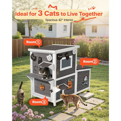 Utomhuskatthus, 2 våningar i trä för 3 utekatter på vintern, upphöjt katthus med trappor, genomskinliga fönster och klaffdörrar, vattentäta katthus för trädgården 107 x 63 x 86 cm |  EU