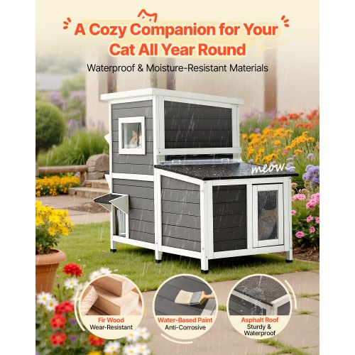 Utomhuskatthus, 2 våningar i trä för 3 utekatter på vintern, upphöjt katthus med trappor, genomskinliga fönster och klaffdörrar, vattentäta katthus för trädgården 107 x 63 x 86 cm |  EU