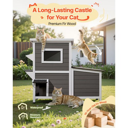 Utomhuskatthus, 2 våningar i trä för 3 utekatter på vintern, upphöjt katthus med trappor, genomskinliga fönster och klaffdörrar, vattentäta katthus för trädgården 107 x 63 x 86 cm |  EU