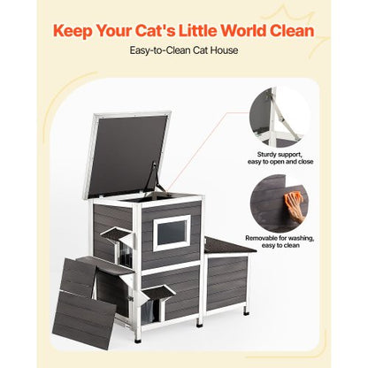 Utomhuskatthus, 2 våningar i trä för 3 utekatter på vintern, upphöjt katthus med trappor, genomskinliga fönster och klaffdörrar, vattentäta katthus för trädgården 107 x 63 x 86 cm |  EU