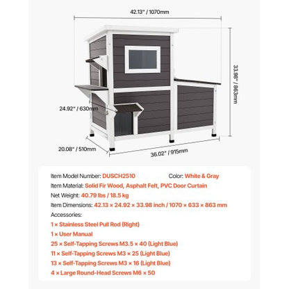 Utomhuskatthus, 2 våningar i trä för 3 utekatter på vintern, upphöjt katthus med trappor, genomskinliga fönster och klaffdörrar, vattentäta katthus för trädgården 107 x 63 x 86 cm |  EU