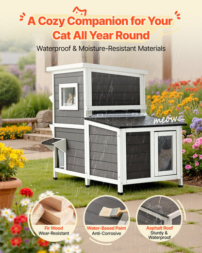 Outdoor Cat House, 2-Story Wooden Cat Shelter for 3 Outside Cats in Winter, Elevated Feral Kitty Shelter with Stairs, Clear Window & Flap Doors, Waterproof Cats Condos for Garden 42 × 25 × 34 in