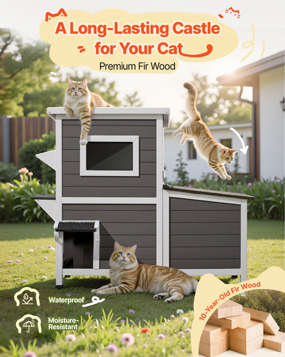 Outdoor Cat House, 2-Story Wooden Cat Shelter for 3 Outside Cats in Winter, Elevated Feral Kitty Shelter with Stairs, Clear Window & Flap Doors, Waterproof Cats Condos for Garden 42 × 25 × 34 in
