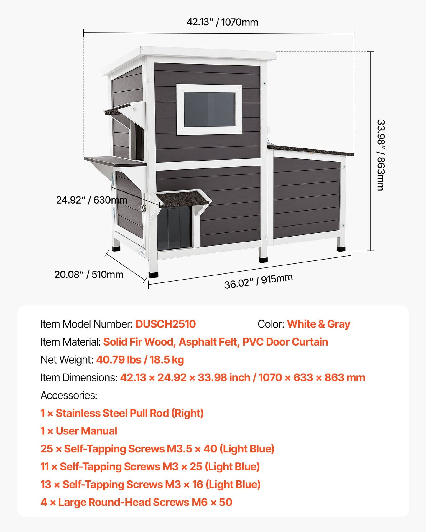 Outdoor Cat House, 2-Story Wooden Cat Shelter for 3 Outside Cats in Winter, Elevated Feral Kitty Shelter with Stairs, Clear Window & Flap Doors, Waterproof Cats Condos for Garden 42 × 25 × 34 in