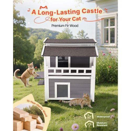 Isolerat Katthus, 2-vånings Träkattskydd, Skumisolering, Vilda Katter med Balkong, Vattentäta Kattlägenheter för inomhus och utomhus 1-3 Katter på Vintern 84 × 75 × 82 cm |  EU
