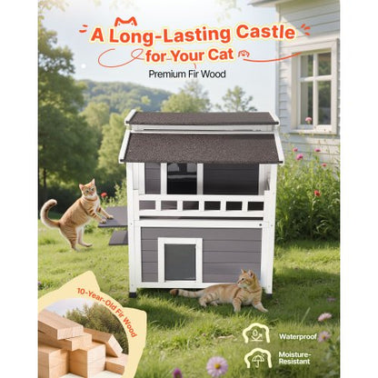 Isolerat Katthus, 2-vånings Träkattskydd, Skumisolering, Vilda Katter med Balkong, Vattentäta Kattlägenheter för inomhus och utomhus 1-3 Katter på Vintern 84 × 75 × 82 cm |  EU