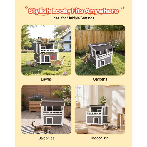 Isolerat Katthus, 2-vånings Träkattskydd, Skumisolering, Vilda Katter med Balkong, Vattentäta Kattlägenheter för inomhus och utomhus 1-3 Katter på Vintern 84 × 75 × 82 cm |  EU