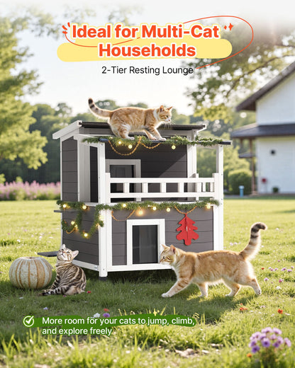 Insulated Cat House, 2-Story Wooden Cat Shelter, Foam Insulation, Feral Kitty Shelter with Balcony, Waterproof Cats Condos for Indoor & Outdoor 1-3 Cats in Winter 33 x 29.5 x 32 in