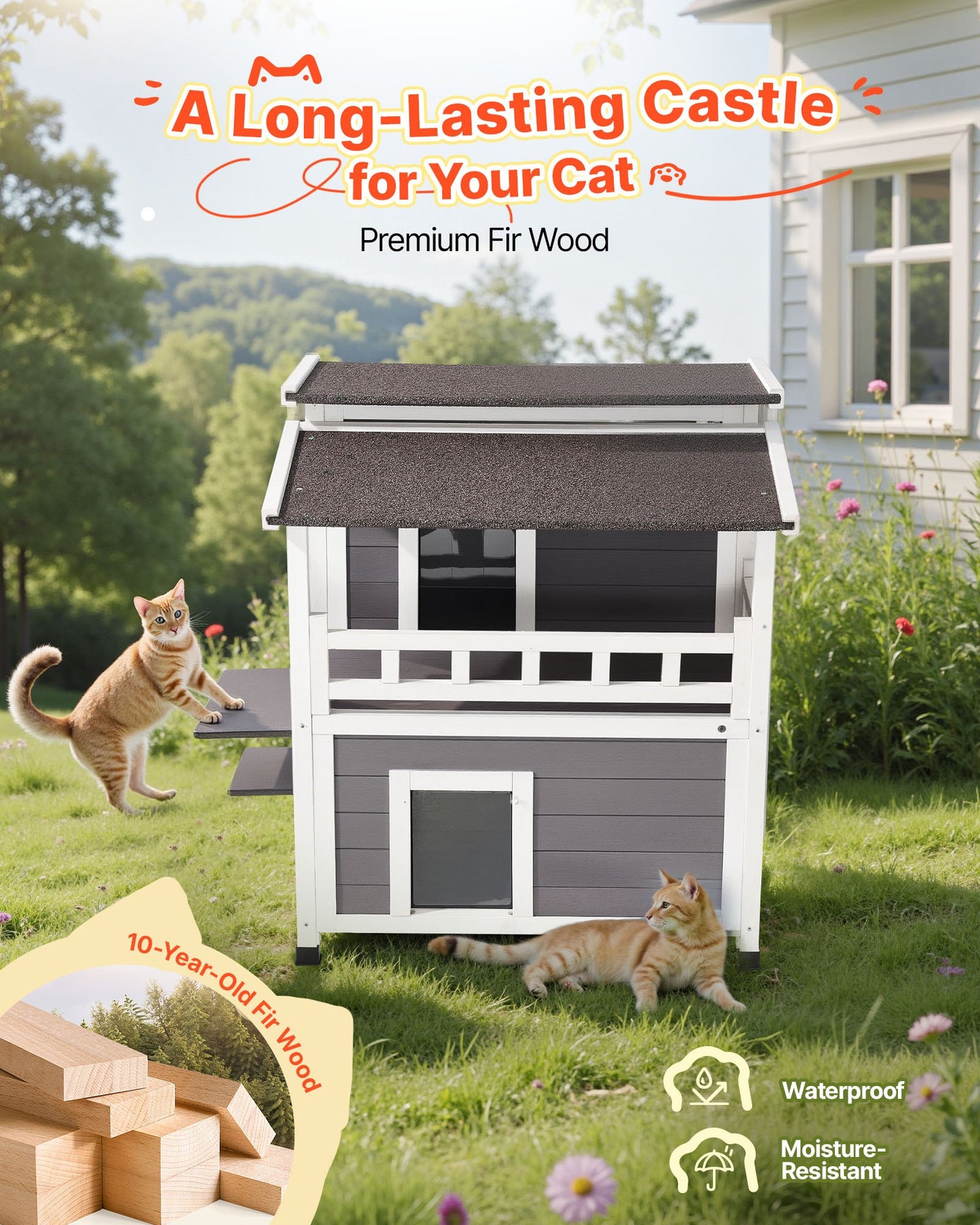 Insulated Cat House, 2-Story Wooden Cat Shelter, Foam Insulation, Feral Kitty Shelter with Balcony, Waterproof Cats Condos for Indoor & Outdoor 1-3 Cats in Winter 33 x 29.5 x 32 in