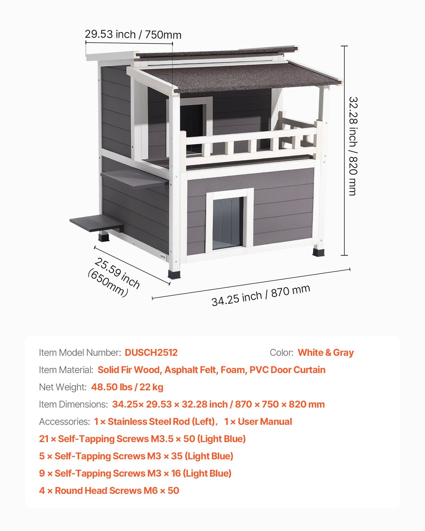 Insulated Cat House, 2-Story Wooden Cat Shelter, Foam Insulation, Feral Kitty Shelter with Balcony, Waterproof Cats Condos for Indoor & Outdoor 1-3 Cats in Winter 33 x 29.5 x 32 in