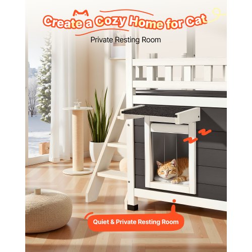 Utomhuskatthus, 2 våningar i trä med trappor och balkong, förhöjt katthus, rymligt rum, vattentäta kattlägenheter för inomhus- och utomhuskatter på vintern 76 x 56 x 77 cm |  EU