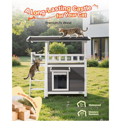 Utomhuskatthus, 2 våningar i trä med trappor och balkong, förhöjt katthus, rymligt rum, vattentäta kattlägenheter för inomhus- och utomhuskatter på vintern 76 x 56 x 77 cm |  EU