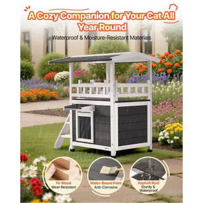 Utomhuskatthus, 2 våningar i trä med trappor och balkong, förhöjt katthus, rymligt rum, vattentäta kattlägenheter för inomhus- och utomhuskatter på vintern 76 x 56 x 77 cm |  EU